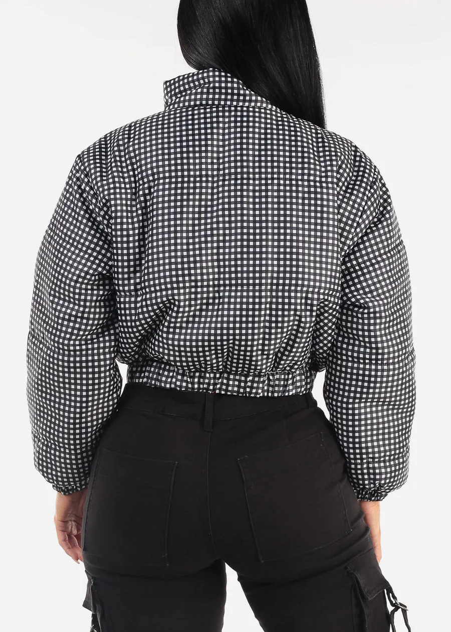 Long Sleeve Plaid Cropped Puffer Jacket B&W sold by Moda product image thumbnail 4