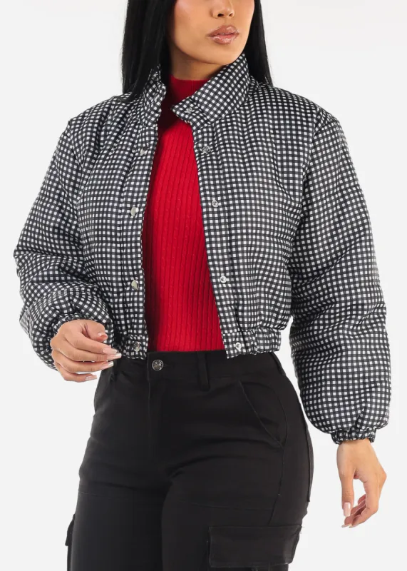 Long Sleeve Plaid Cropped Puffer Jacket B&W made by Moda