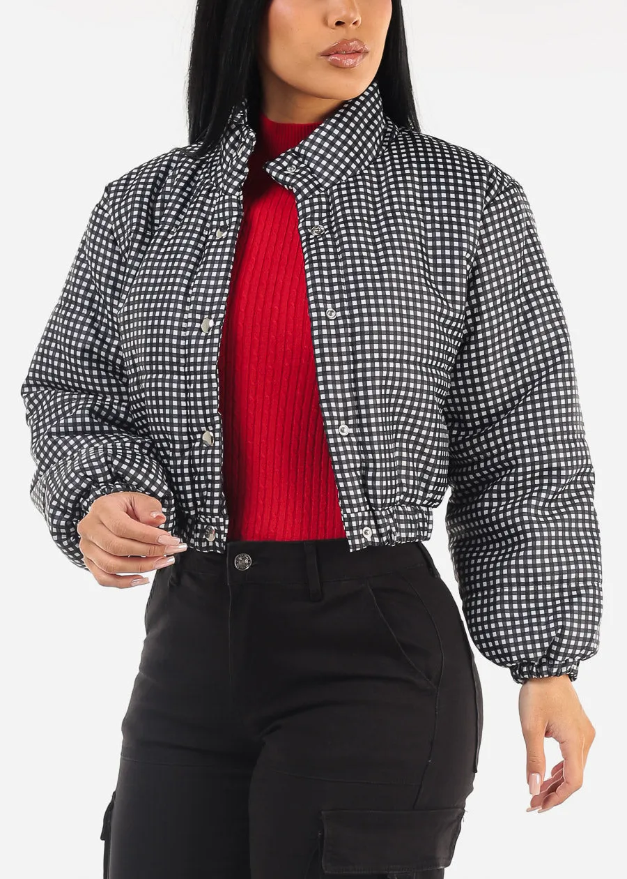 Long Sleeve Plaid Cropped Puffer Jacket B&W sold by Moda