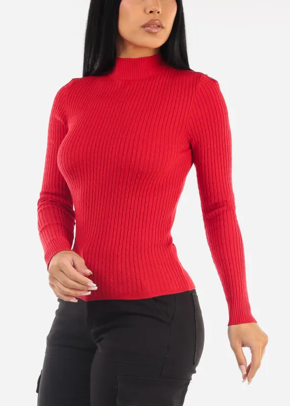 Long Sleeve Mock Neck Ribbed Sweater Red sold by Moda