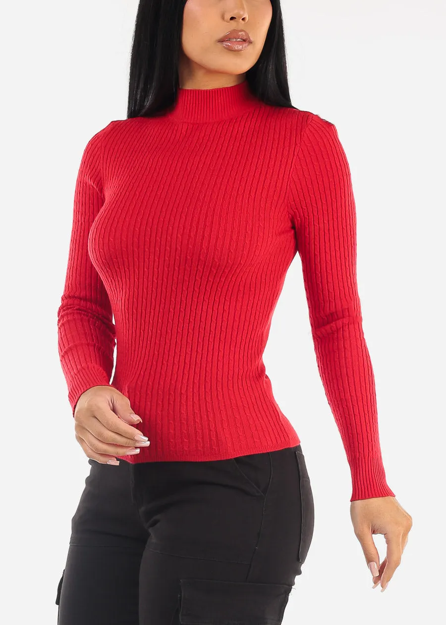 Long Sleeve Mock Neck Ribbed Sweater Red sold by Moda