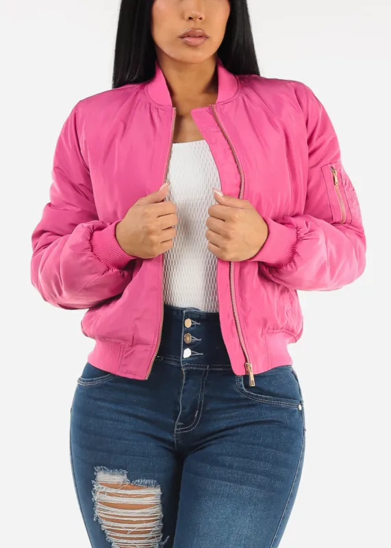 Zip Up Windbreaker Bomber Jacket Hot Pink sold by Moda