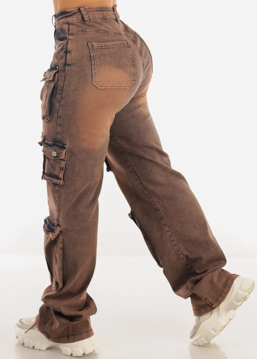 High Waist Acid Wash Utility Cargo Jeans Brown sold by Moda product image thumbnail 4
