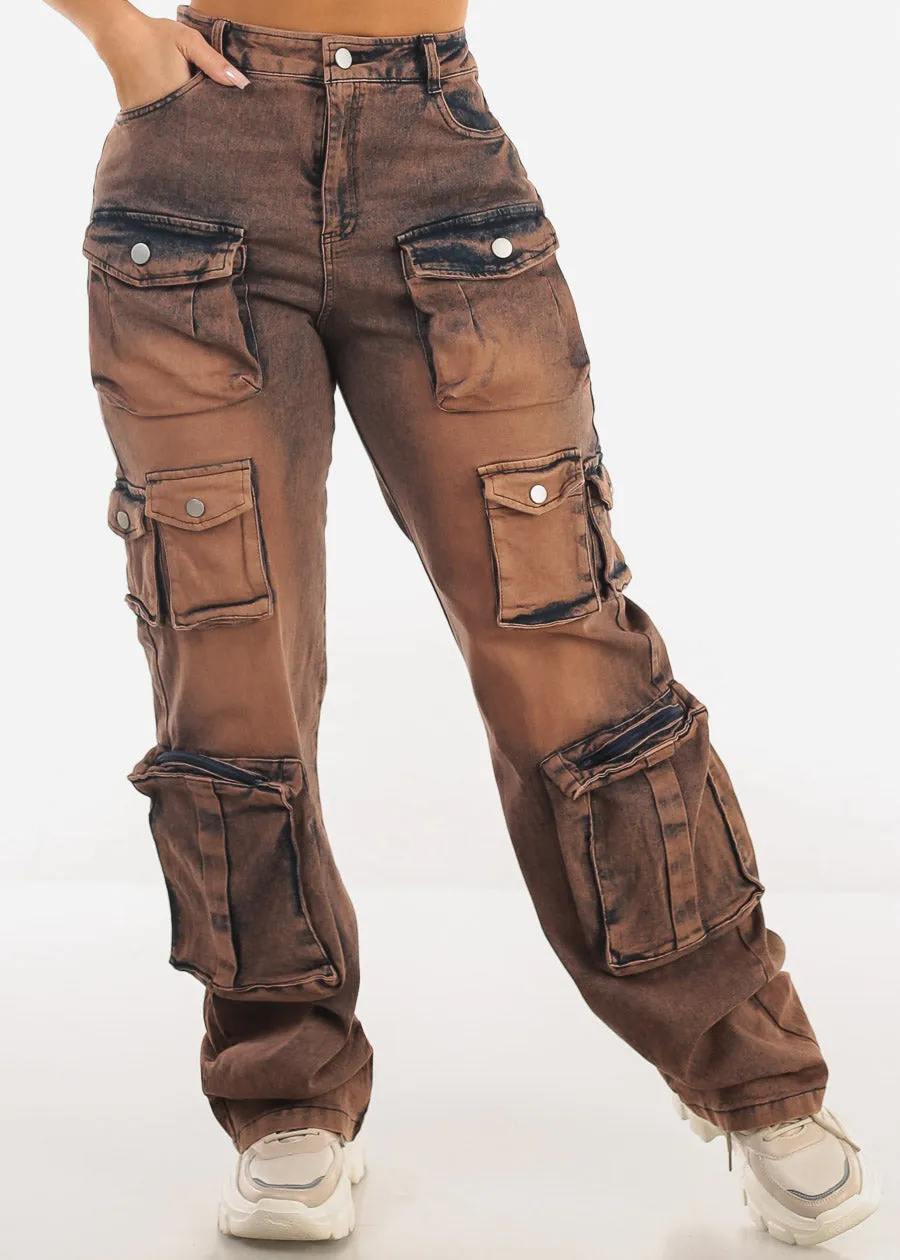 High Waist Acid Wash Utility Cargo Jeans Brown sold by Moda