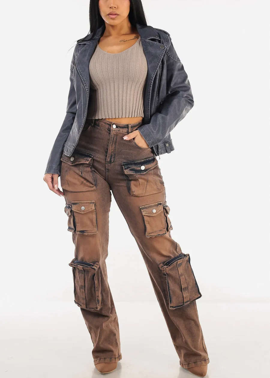High Waist Acid Wash Utility Cargo Jeans Brown sold by Moda product image thumbnail 2
