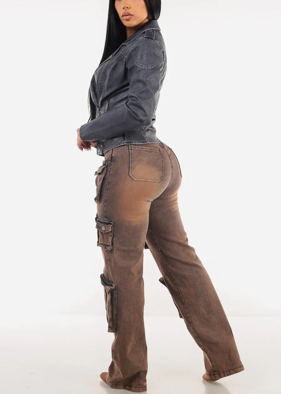 High Waist Acid Wash Utility Cargo Jeans Brown sold by Moda product image thumbnail 5