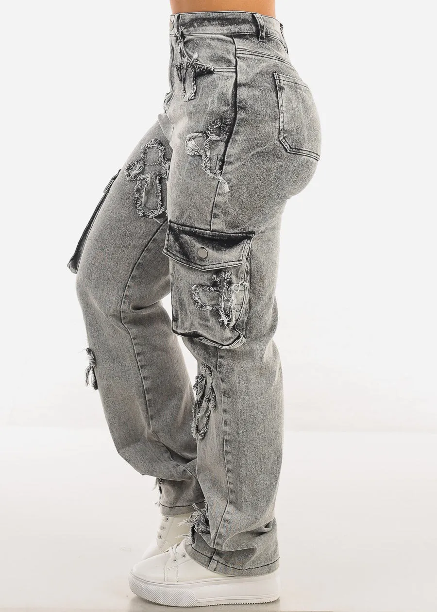 High Waist Straight Wide Leg Acid Wash Cargo Jeans w Cross Patch sold by Moda product image thumbnail 3