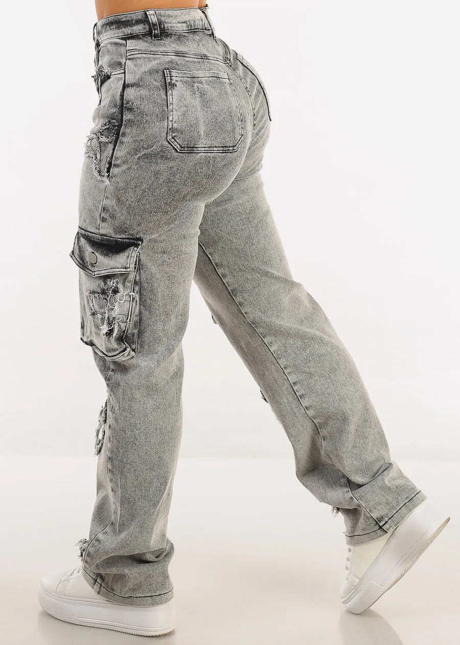 High Waist Straight Wide Leg Acid Wash Cargo Jeans w Cross Patch sold by Moda product image thumbnail 4