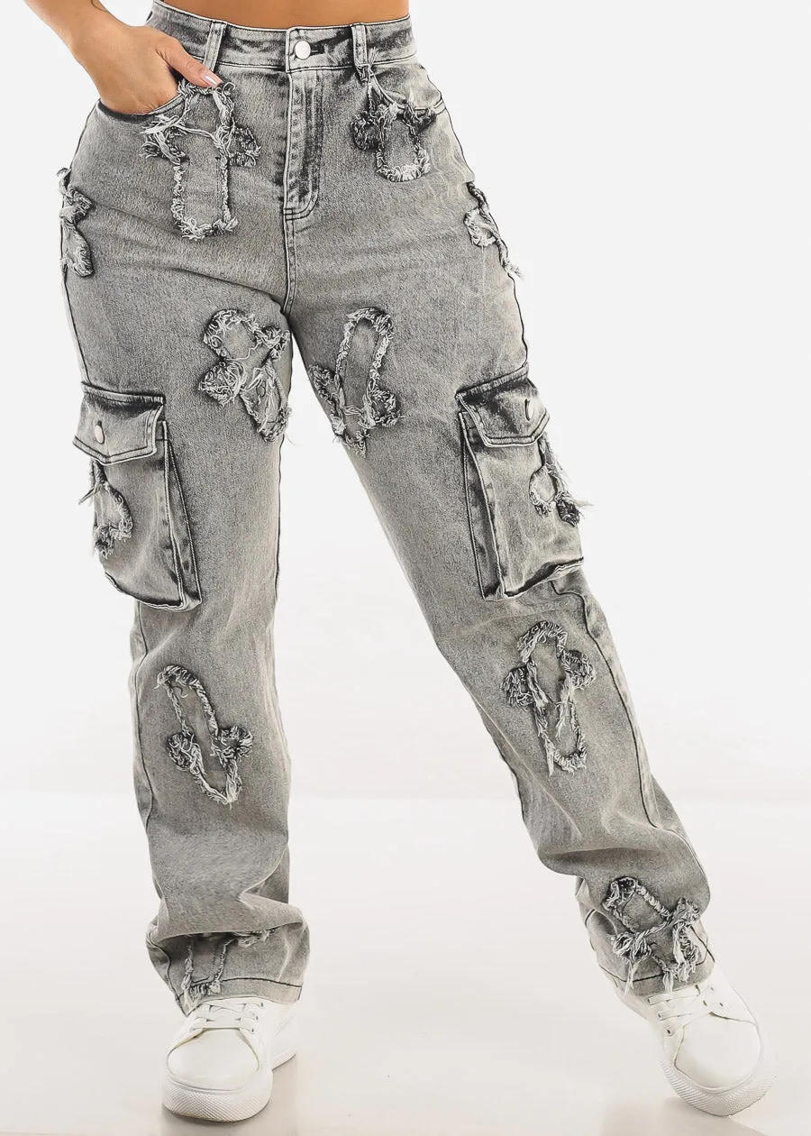 High Waist Straight Wide Leg Acid Wash Cargo Jeans w Cross Patch sold by Moda