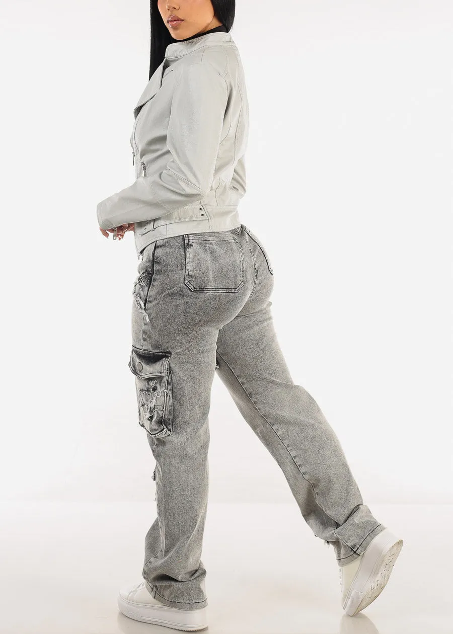 High Waist Straight Wide Leg Acid Wash Cargo Jeans w Cross Patch sold by Moda product image thumbnail 5