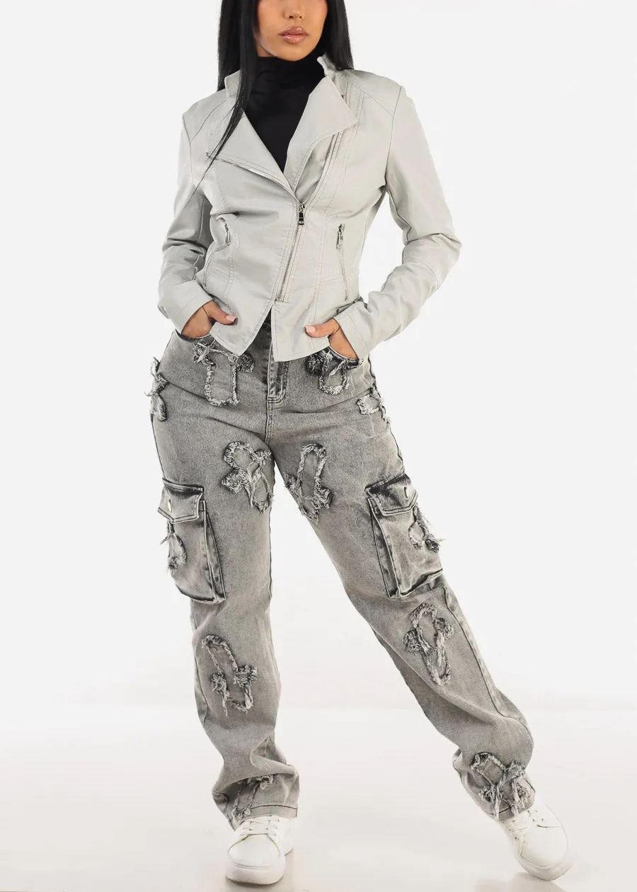 High Waist Straight Wide Leg Acid Wash Cargo Jeans w Cross Patch sold by Moda product image thumbnail 2