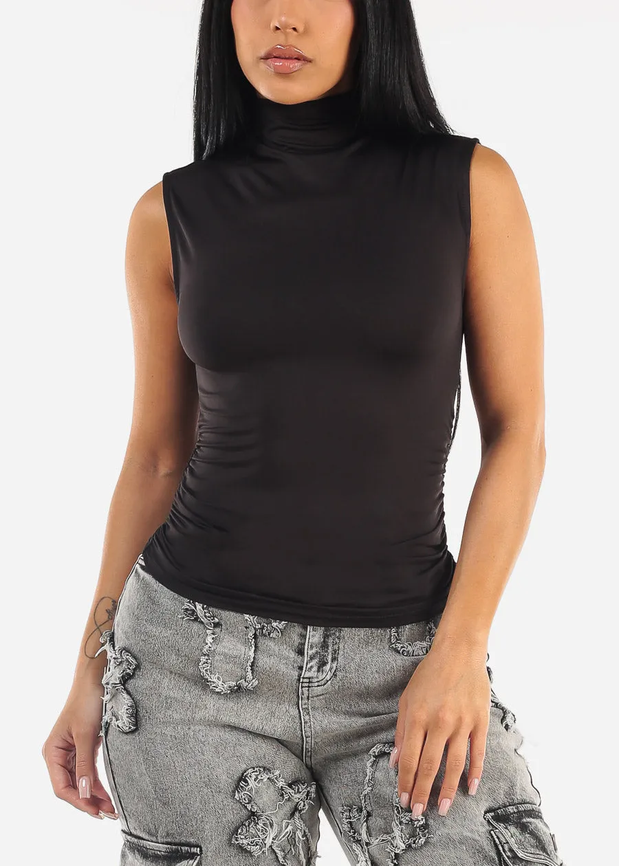 Sleeveless High Neck Black Blouse w Ruched Sides sold by Moda