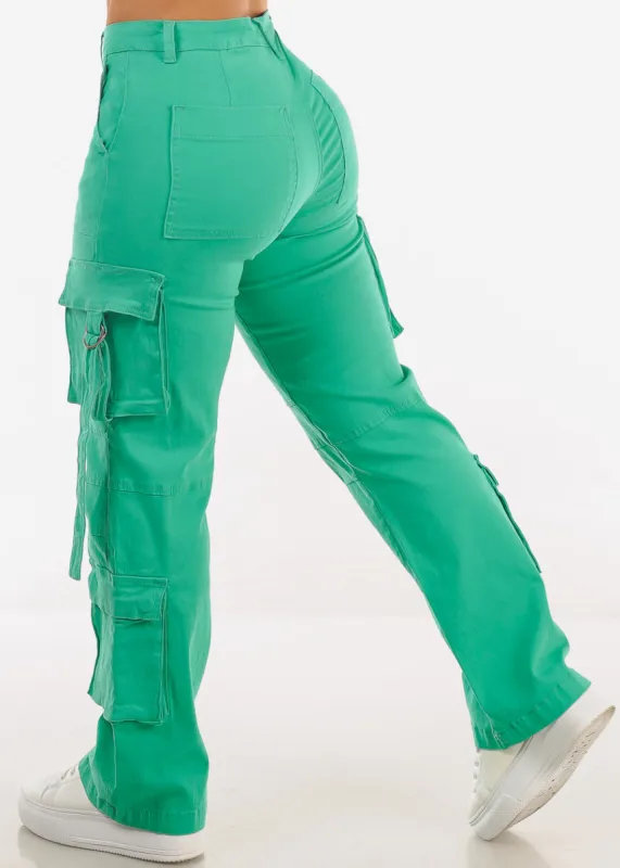 Butt Lift High Waist Straight Wide Leg Cargo Jeans Green sold by Moda