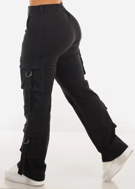 Butt Lift High Waist Straight Wide Leg Cargo Jeans Black sold by Moda