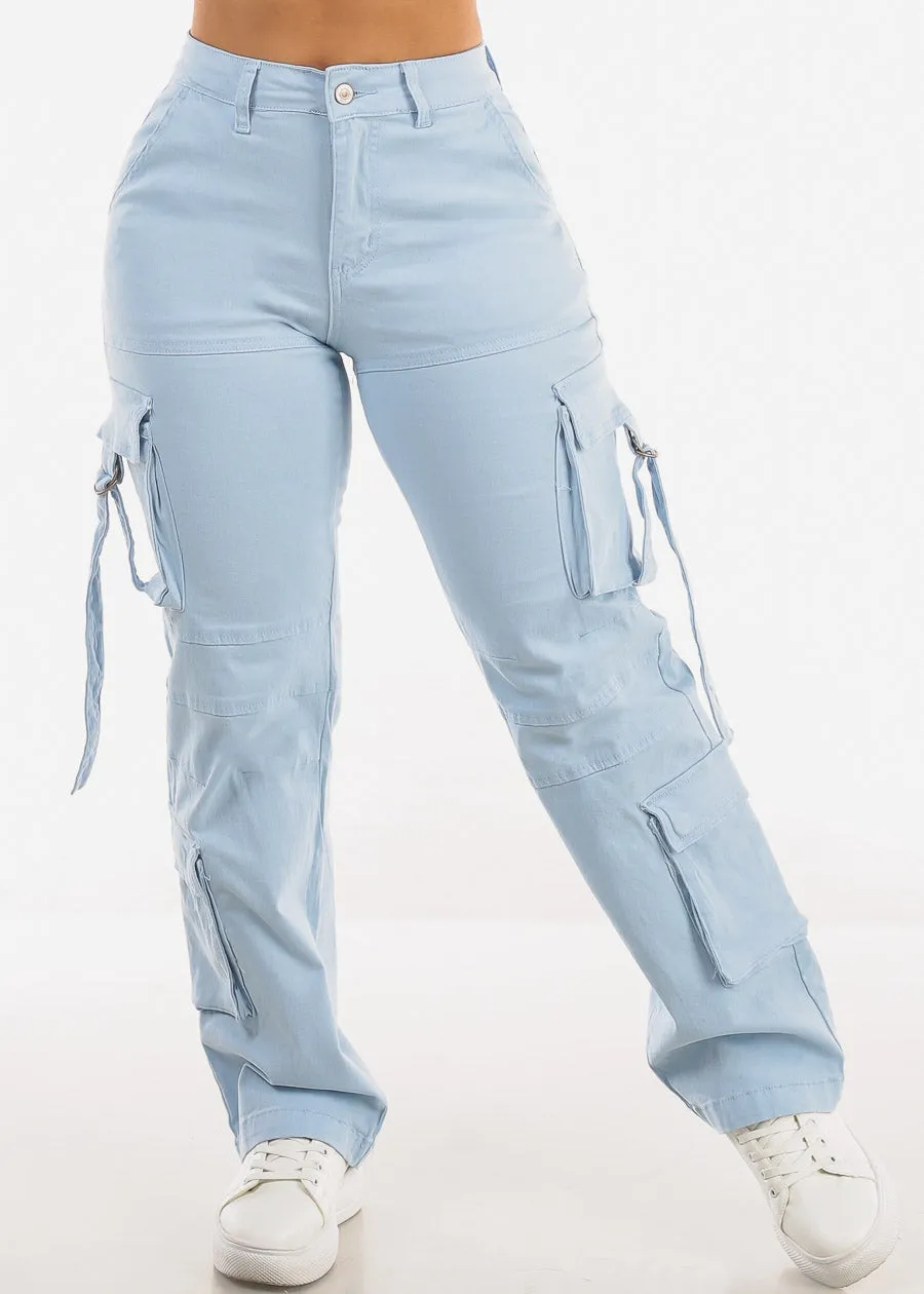 Butt Lift High Waist Straight Wide Leg Cargo Jeans Light Blue sold by Moda product image thumbnail 4