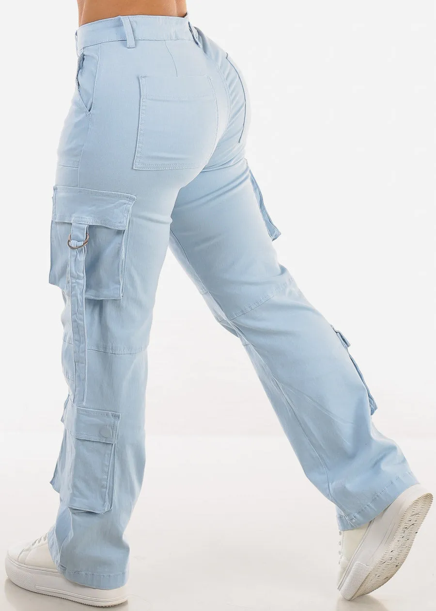 Butt Lift High Waist Straight Wide Leg Cargo Jeans Light Blue sold by Moda