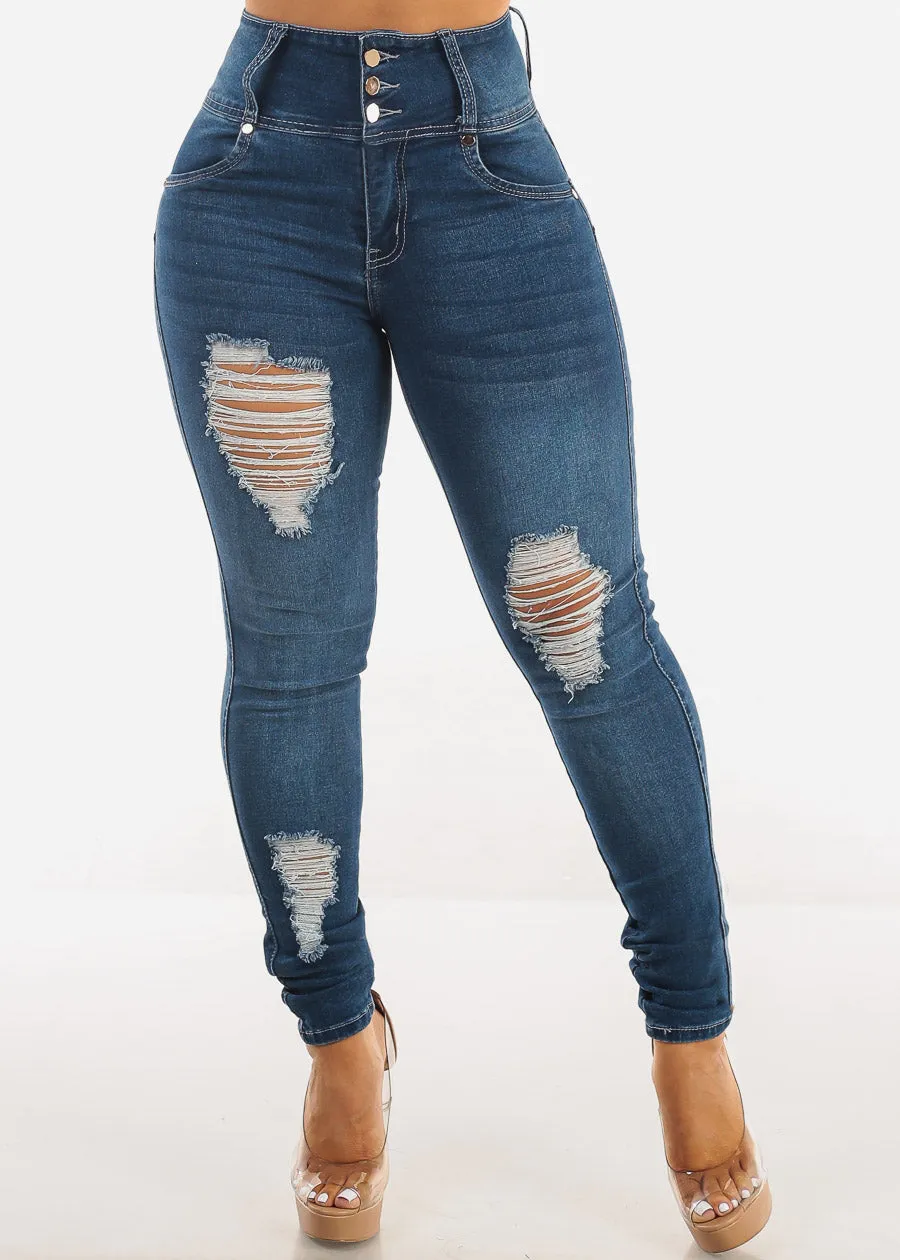 Butt Lift Distressed High Waisted Skinny Jeans Med Blue sold by Moda product image thumbnail 3
