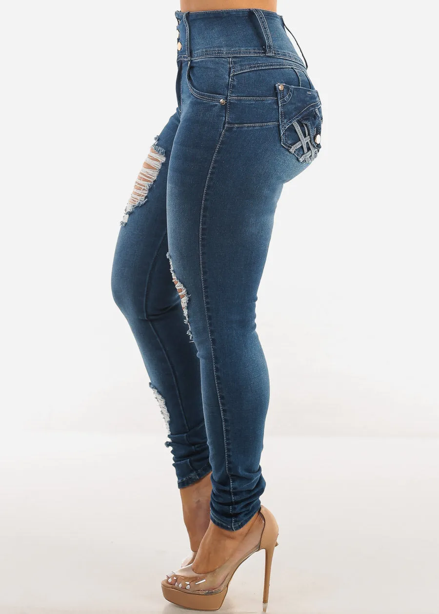 Butt Lift Distressed High Waisted Skinny Jeans Med Blue sold by Moda product image thumbnail 4