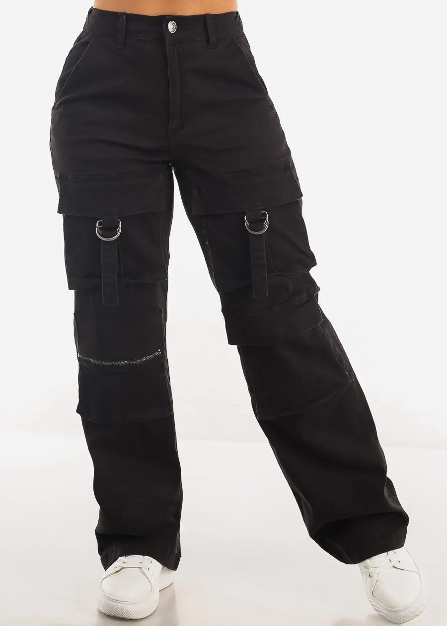 Super High Waist Straight Wide Leg Cargo Jeans Black sold by Moda