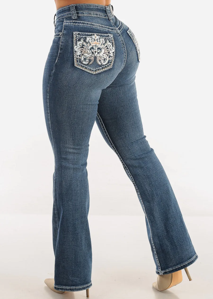 High Waist Vintage Wash Bootcut Jeans w Back Pocket Design sold by Moda