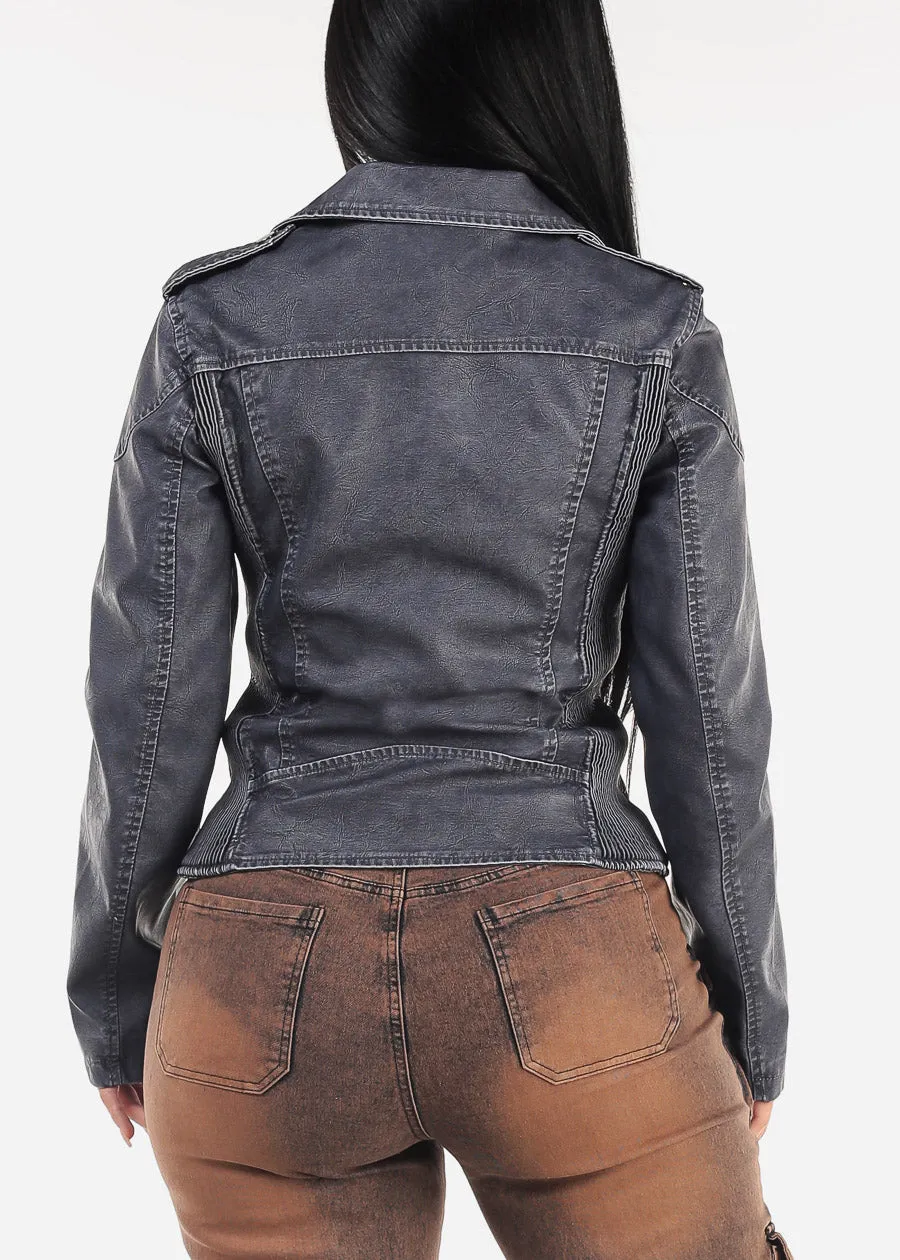 Long Sleeve Vegan Leather Moto Jacket Slate Blue sold by Moda product image thumbnail 5