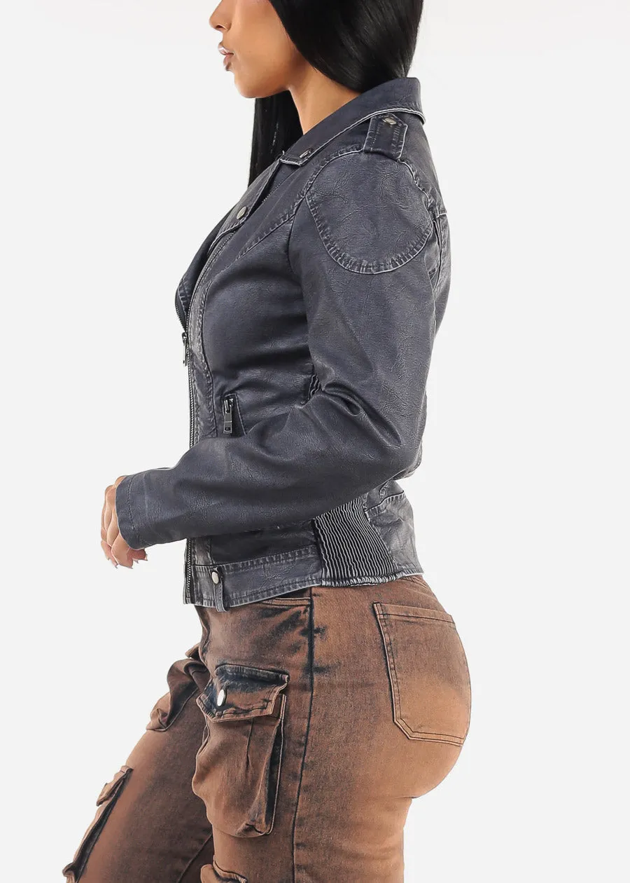 Long Sleeve Vegan Leather Moto Jacket Slate Blue sold by Moda product image thumbnail 4