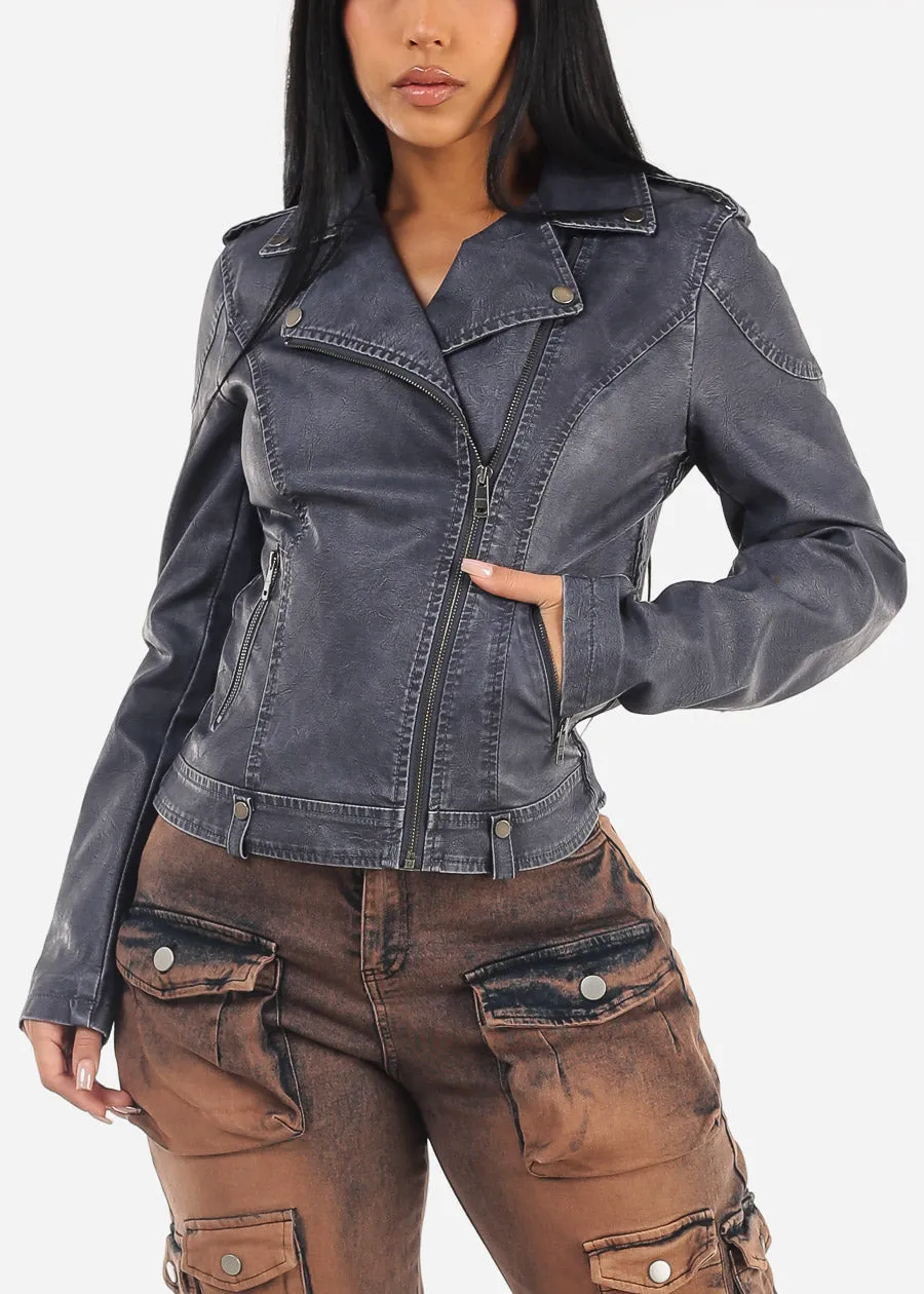 Long Sleeve Vegan Leather Moto Jacket Slate Blue sold by Moda product image thumbnail 2