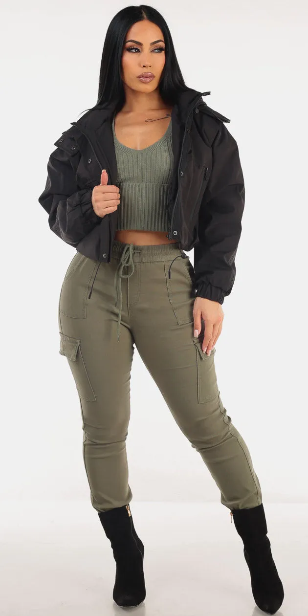 Black Vneck Cargo Jogger Trio sold by Moda