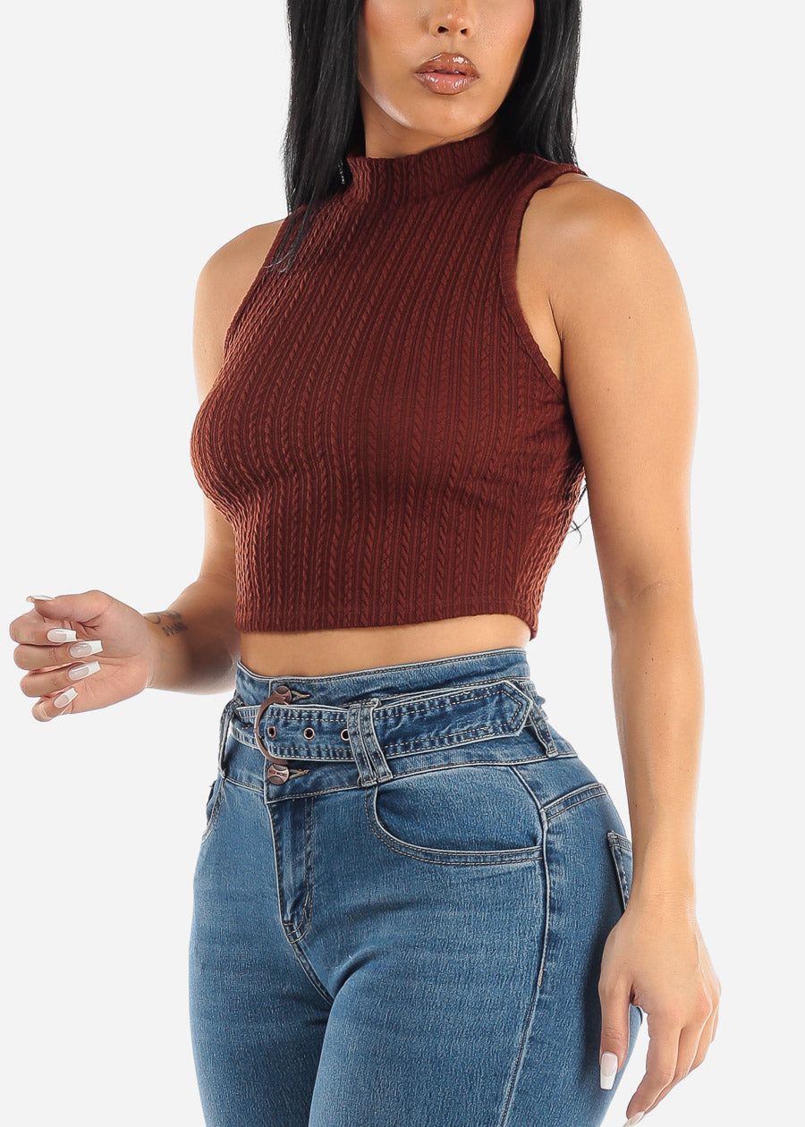 Sleeveless Mock Neck Rib Knit Crop Top Brown sold by Moda product image thumbnail 3