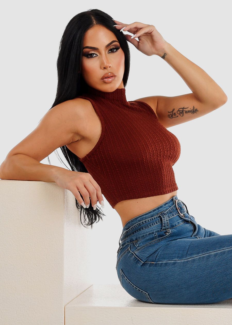 Sleeveless Mock Neck Rib Knit Crop Top Brown sold by Moda