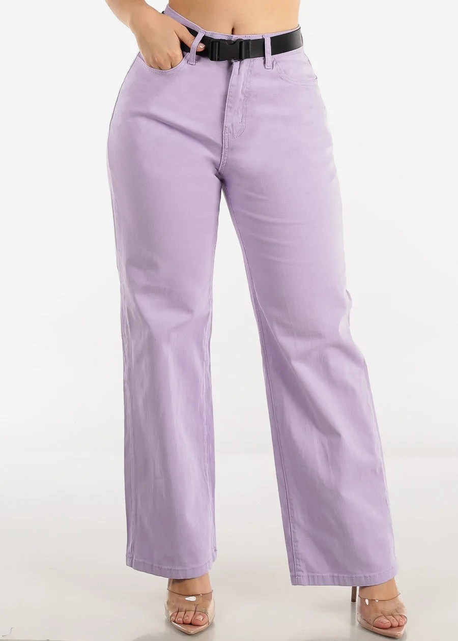 High Waist Slim Straight Pants Lavender w Belt sold by Moda
