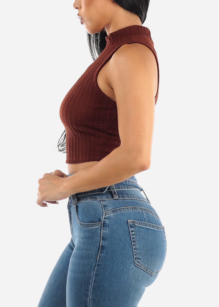 Sleeveless Mock Neck Rib Knit Crop Top Brown sold by Moda product image thumbnail 5