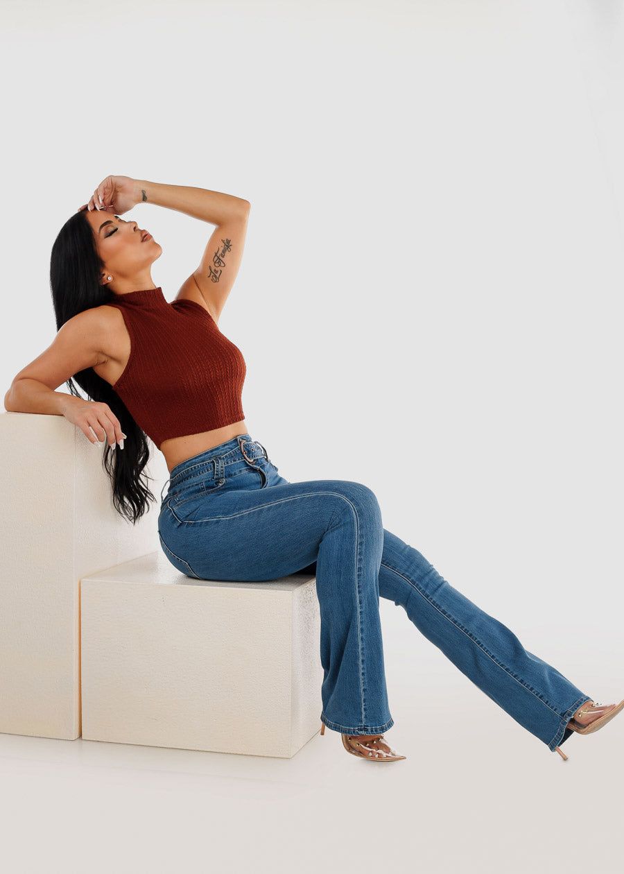 Sleeveless Mock Neck Rib Knit Crop Top Brown sold by Moda product image thumbnail 2