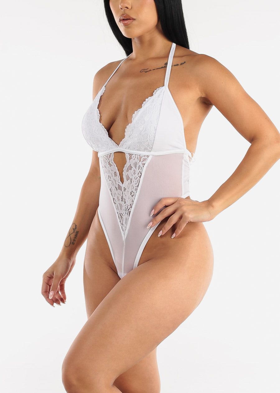 White Open Back Lace & Mesh Thong Bodysuit sold by Moda