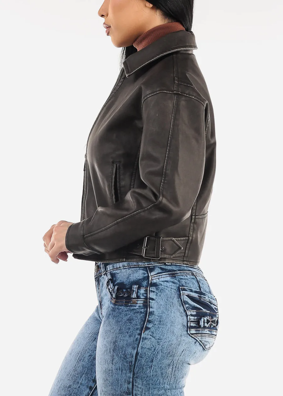 Long Sleeve Zip Up Vegan Leather Jacket Faded Brown sold by Moda product image thumbnail 5
