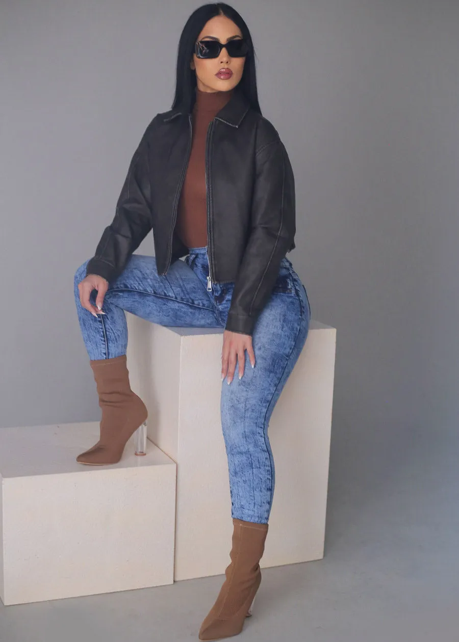 Long Sleeve Zip Up Vegan Leather Jacket Faded Brown sold by Moda product image thumbnail 2