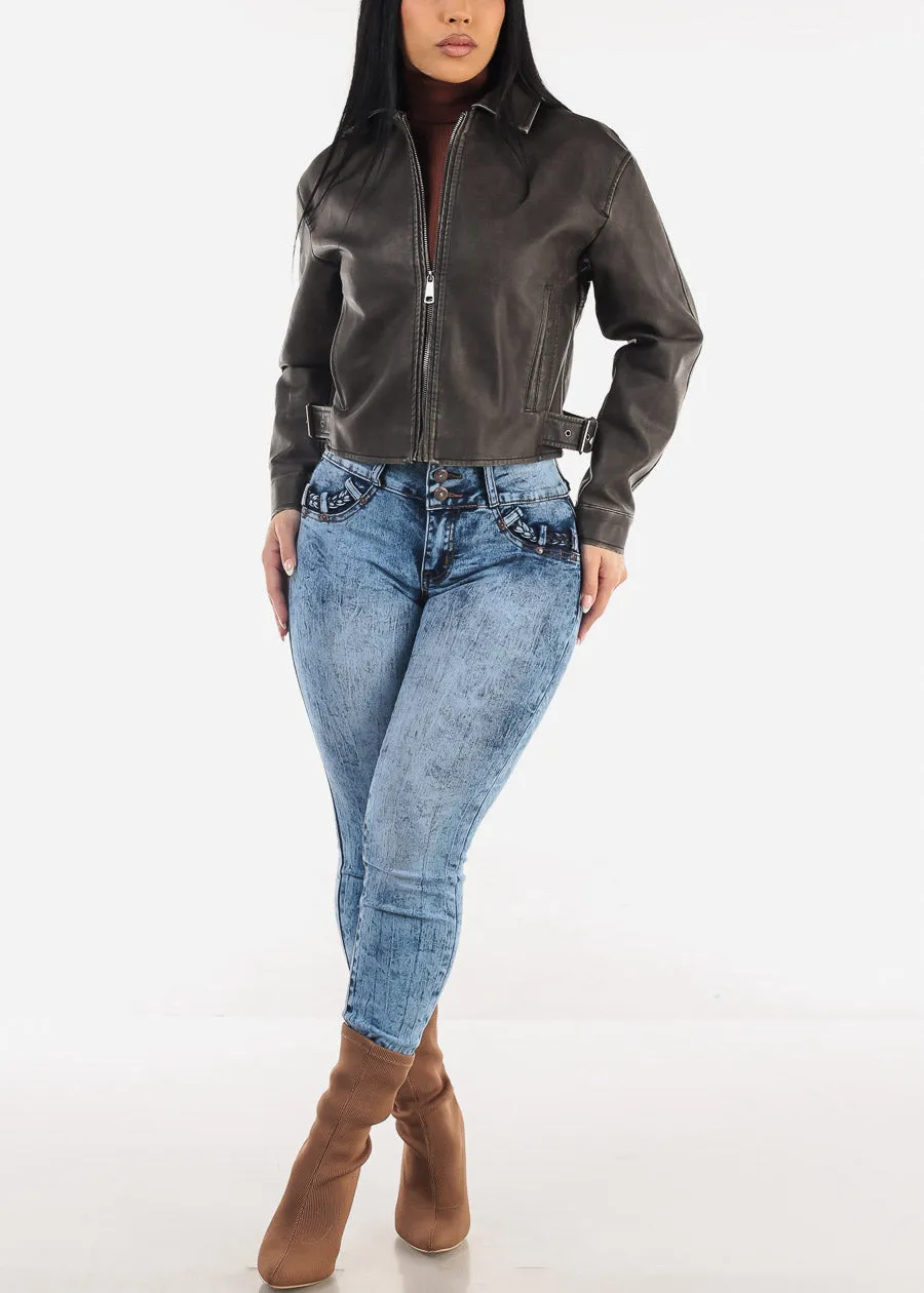 Long Sleeve Zip Up Vegan Leather Jacket Faded Brown sold by Moda product image thumbnail 4