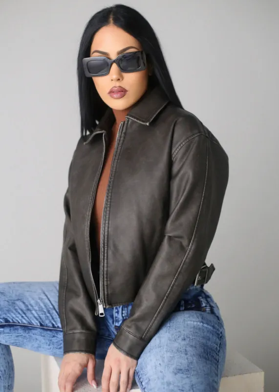 Long Sleeve Zip Up Vegan Leather Jacket Faded Brown sold by Moda