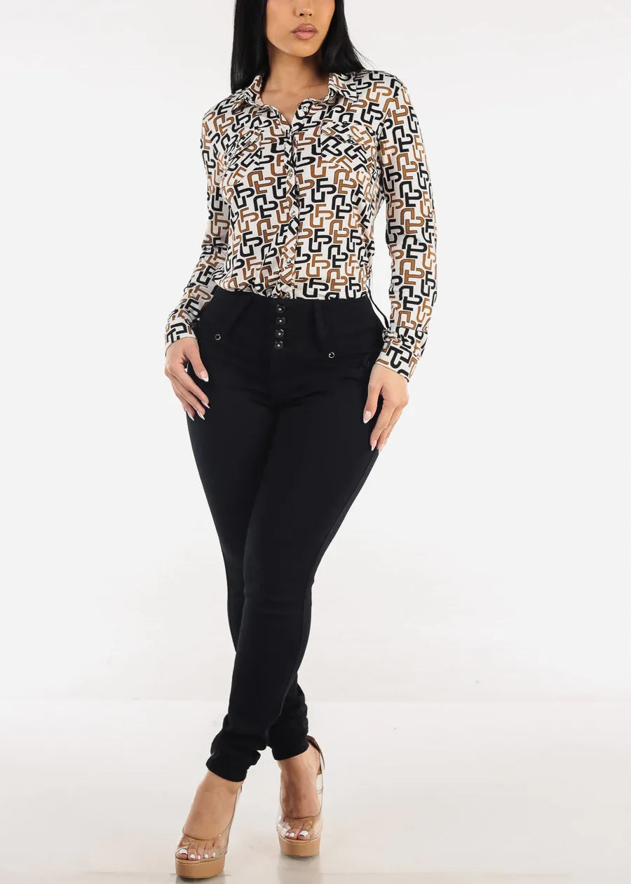 White Long Sleeve Button Down Printed Blouse sold by Moda product image thumbnail 2
