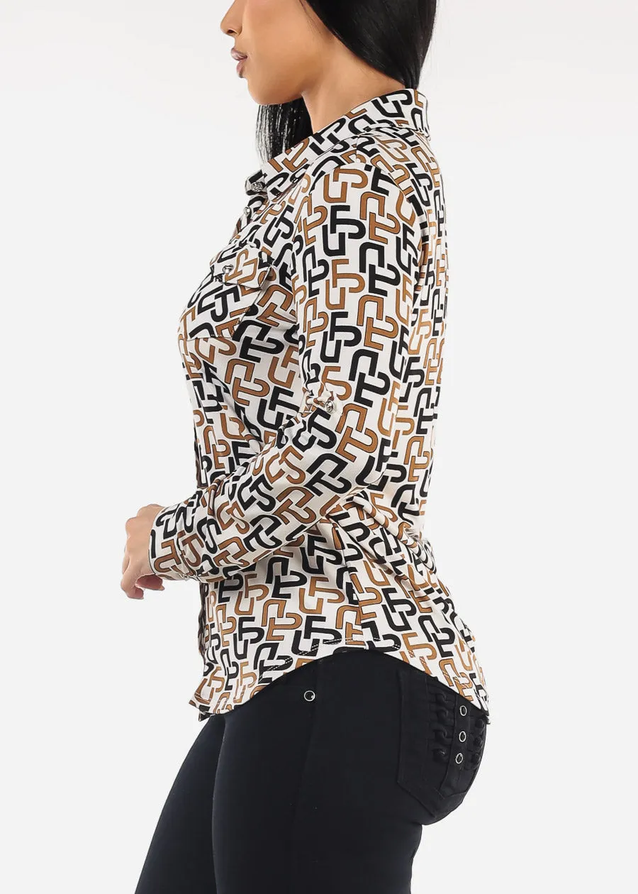 White Long Sleeve Button Down Printed Blouse sold by Moda product image thumbnail 3