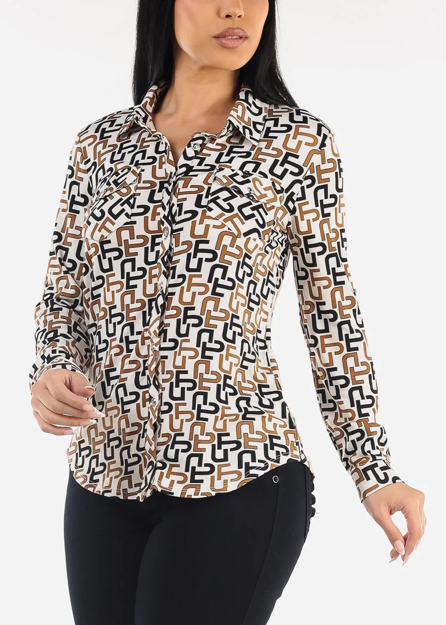 White Long Sleeve Button Down Printed Blouse sold by Moda