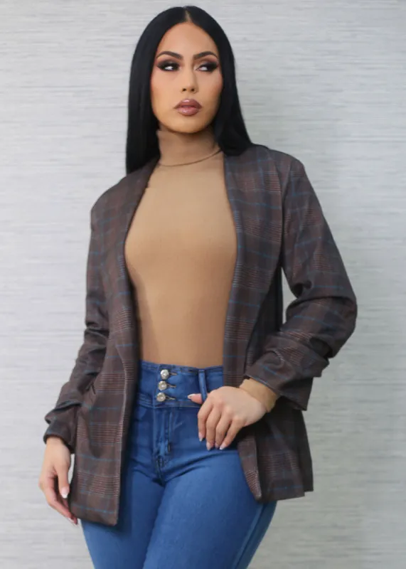 Quarter Sleeve Open Front Plaid Blazer Brown sold by Moda