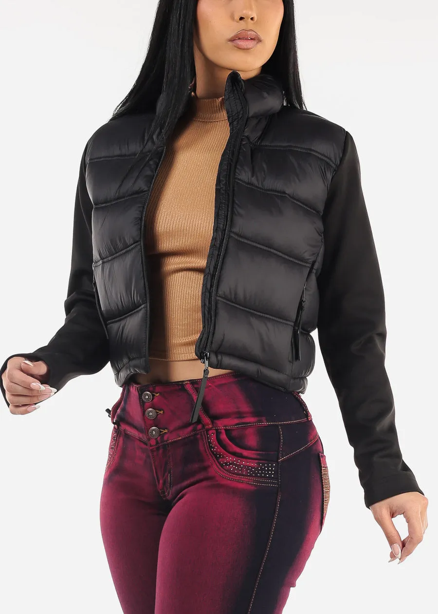 Black Long Sleeve Zip Up Cropped Puffer Jacket sold by Moda product image thumbnail 3