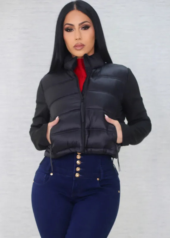 Black Long Sleeve Zip Up Cropped Puffer Jacket sold by Moda