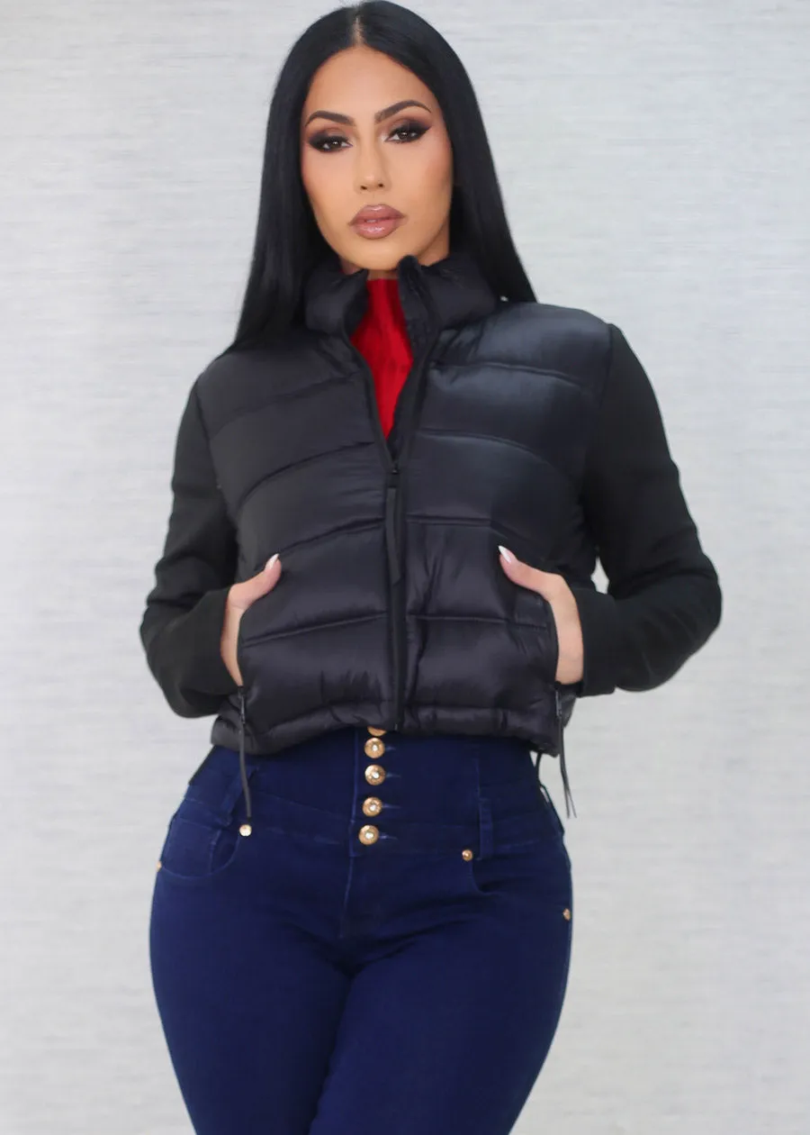 Black Long Sleeve Zip Up Cropped Puffer Jacket sold by Moda