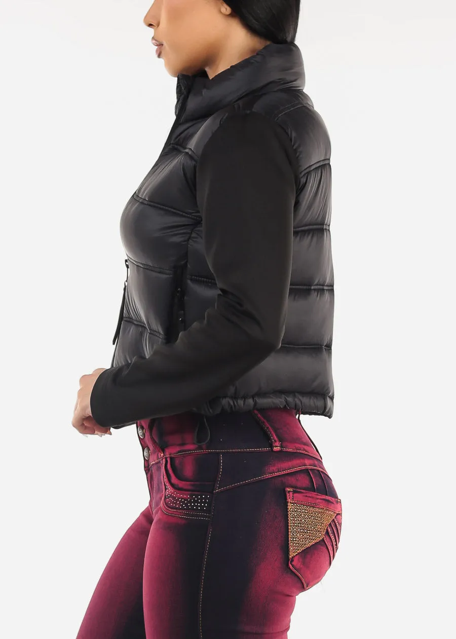 Black Long Sleeve Zip Up Cropped Puffer Jacket sold by Moda product image thumbnail 5