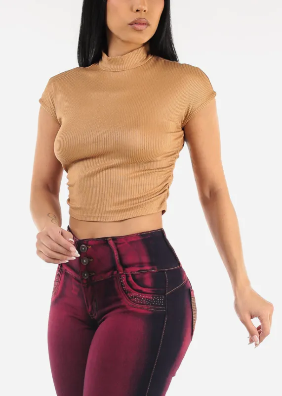 Short Sleeve Mock Neck Glittery Crop Top Khaki sold by Moda