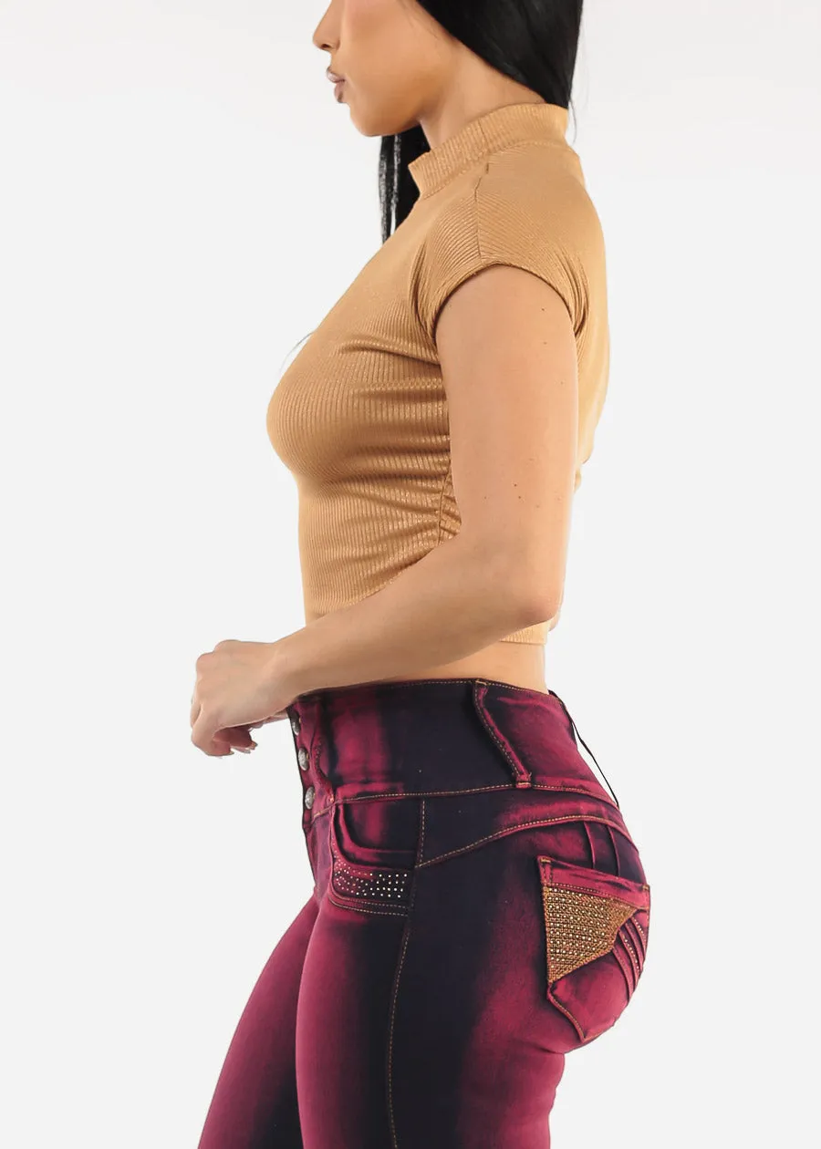 Short Sleeve Mock Neck Glittery Crop Top Khaki sold by Moda product image thumbnail 3