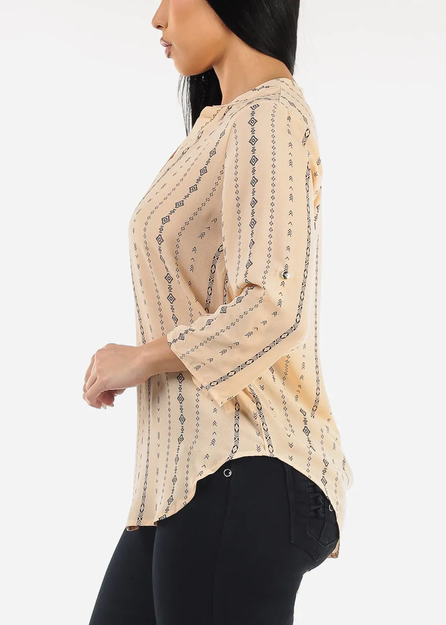 Quarter Sleeve Vneck Printed Blouse Beige sold by Moda product image thumbnail 3