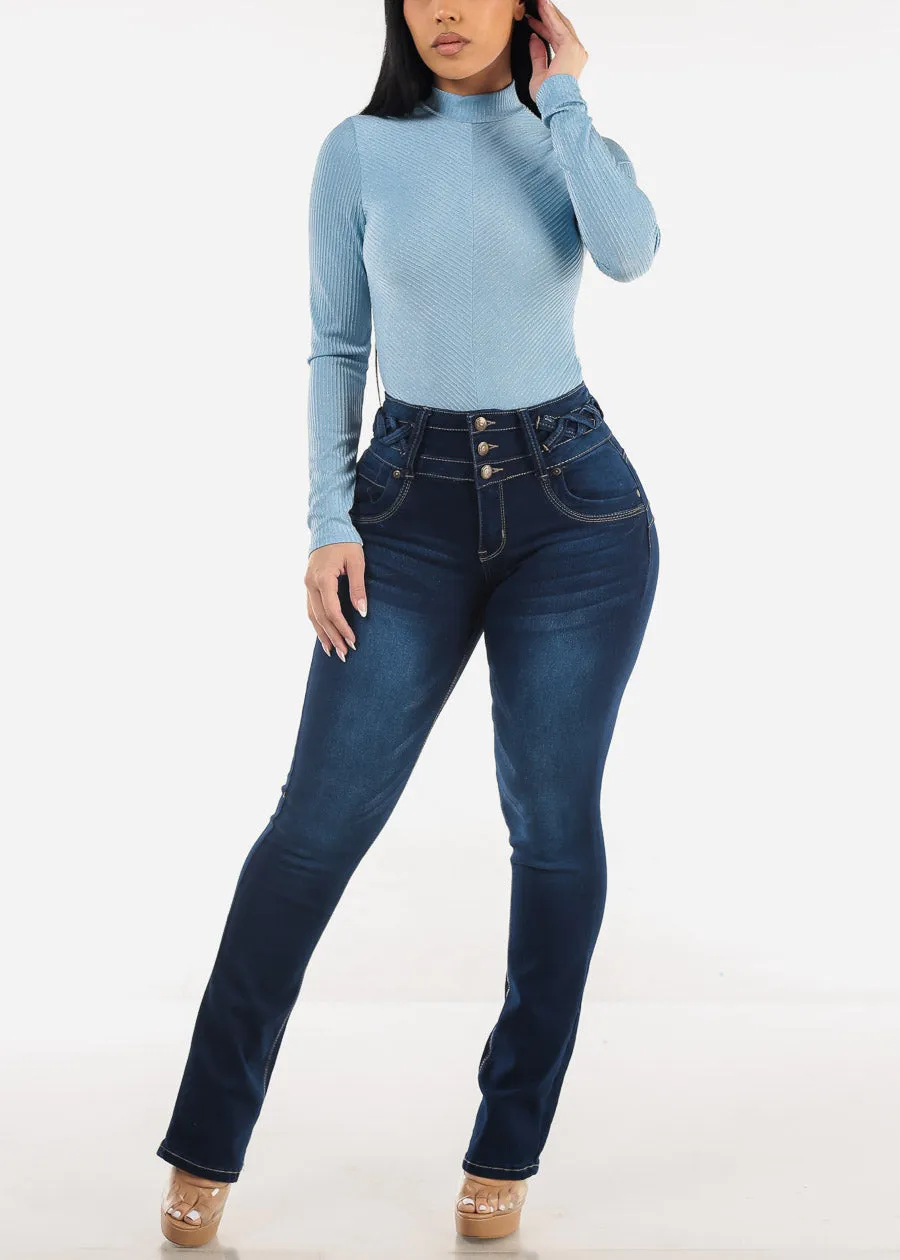 Mock Neck Glittery Thong Bodysuit Light Blue sold by Moda product image thumbnail 2